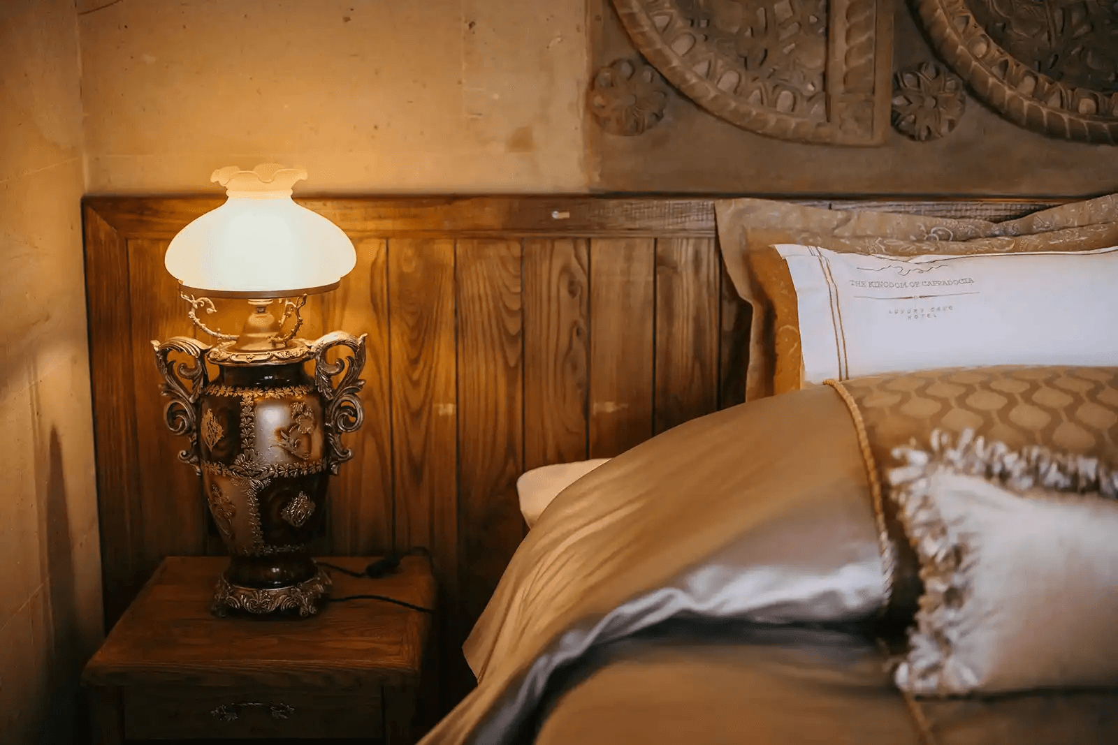 Luxury cave suite interior with warm lighting