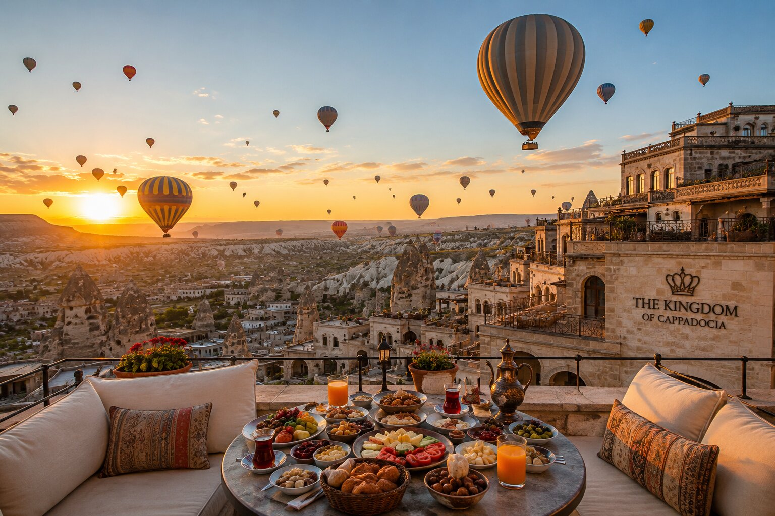 Sunrise hot air balloons over The Kingdom of Cappadocia luxury hotel