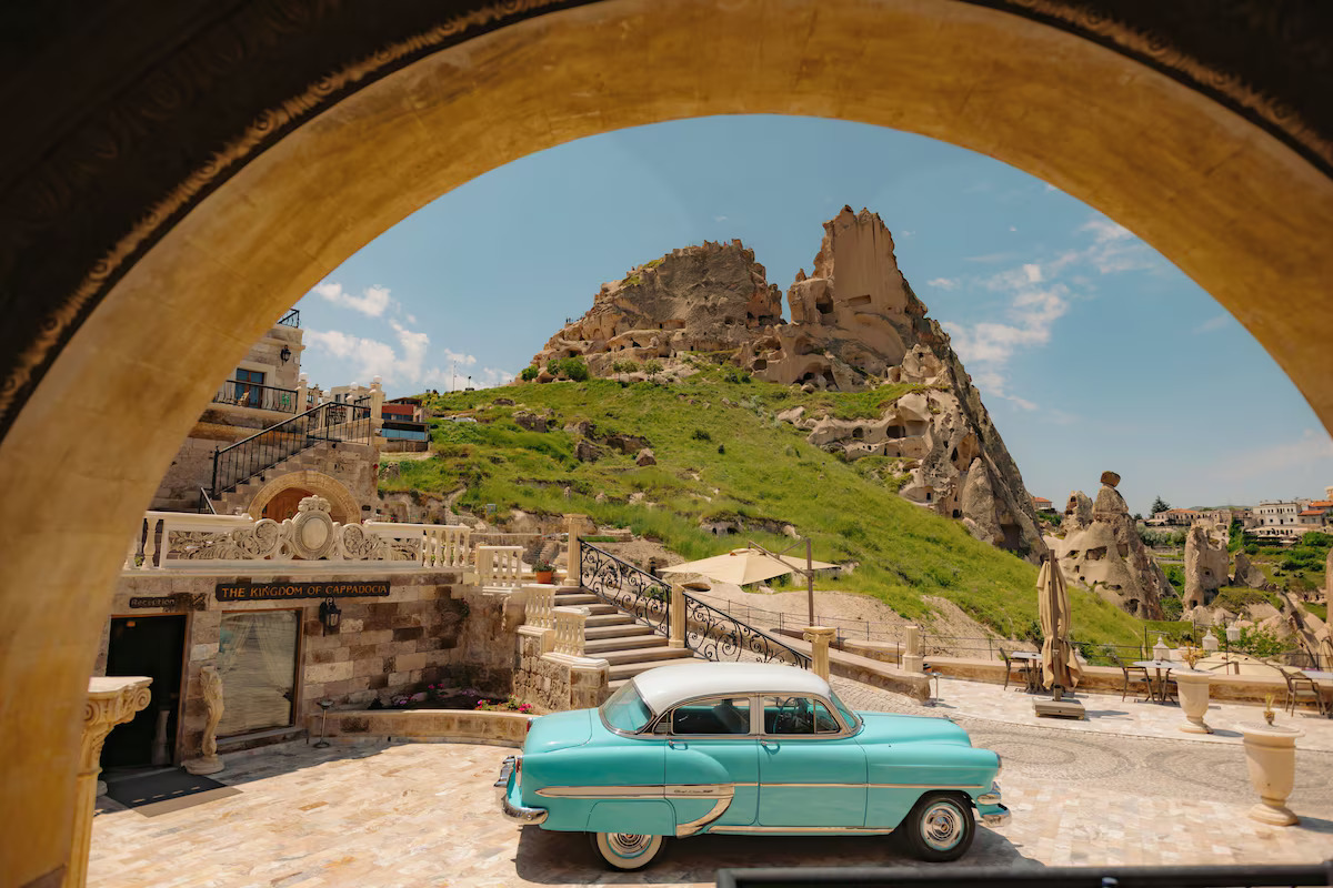 Romantic terrace set for two at sunset